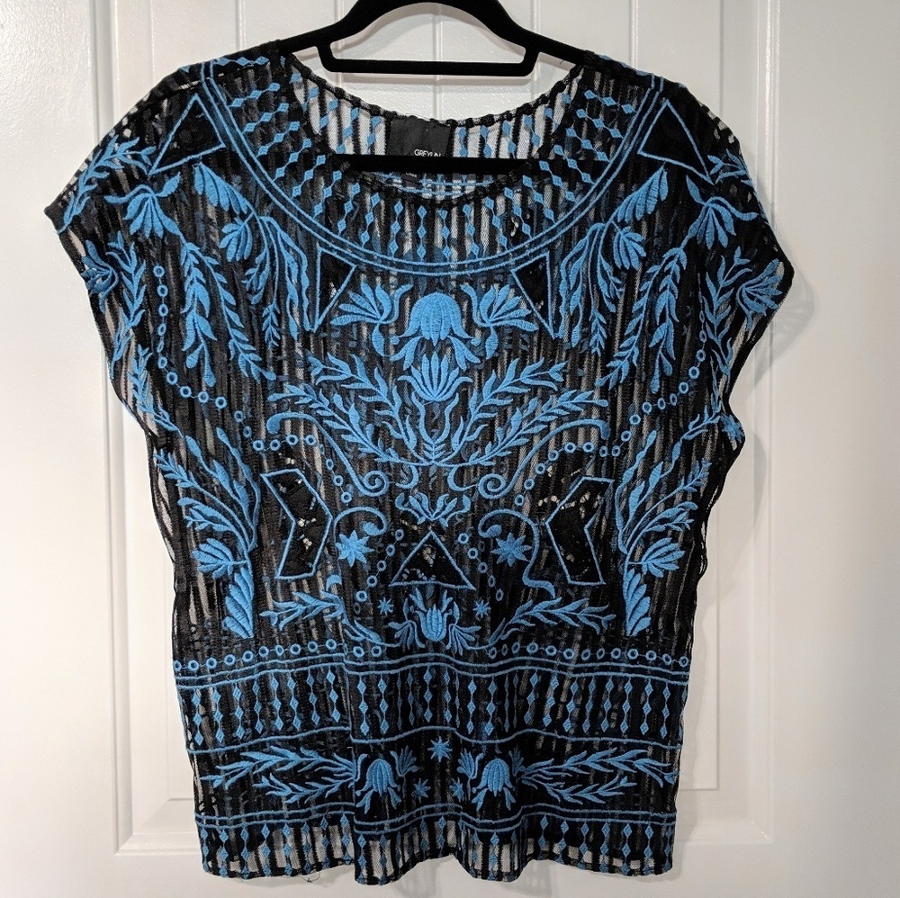 NWOT Greylin Embroidered Sheer Black Top